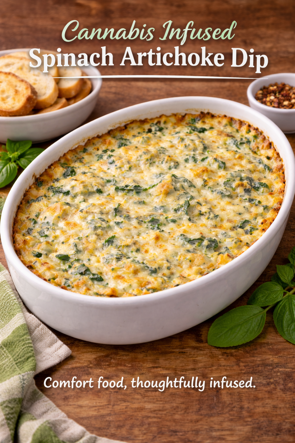 Creamy cannabis infused spinach artichoke dip fresh from oven