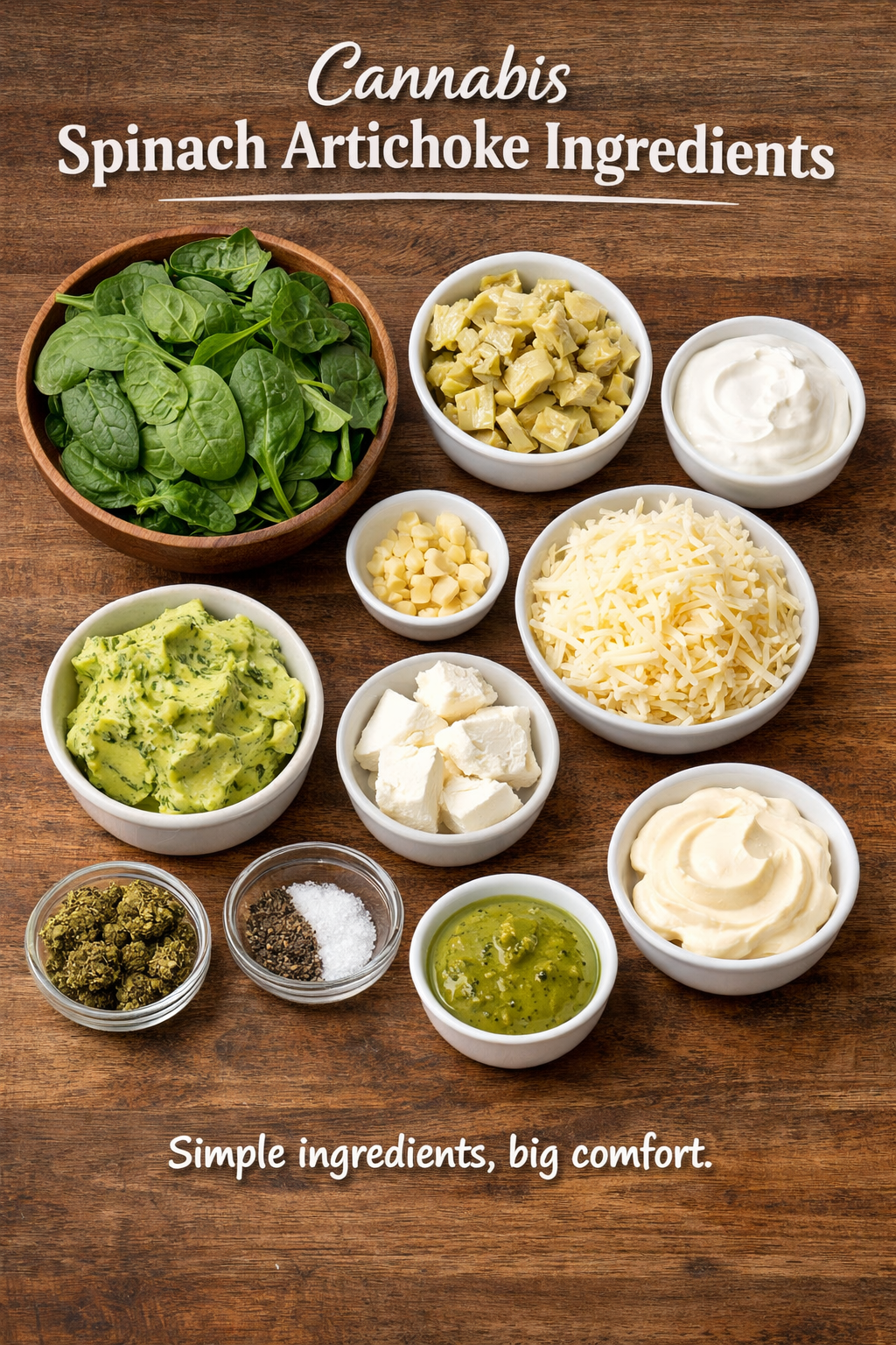 Ingredients for cannabis infused spinach artichoke dip on a wooden counter