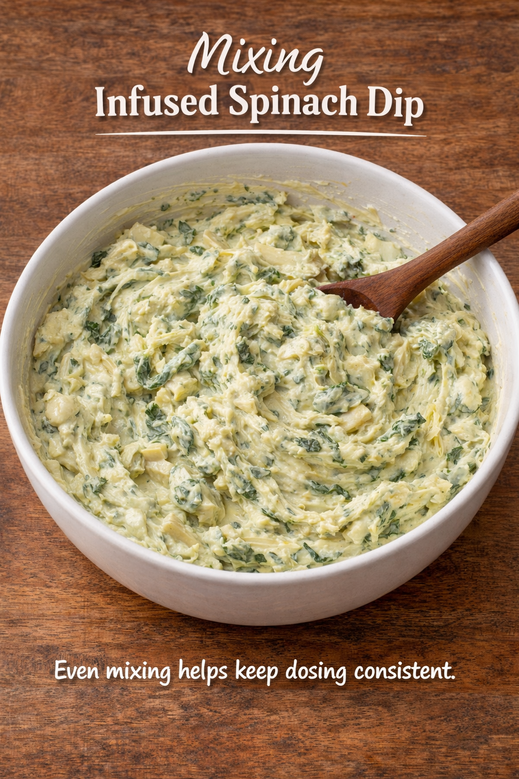 Mixing cannabis infused spinach artichoke dip in a bowl