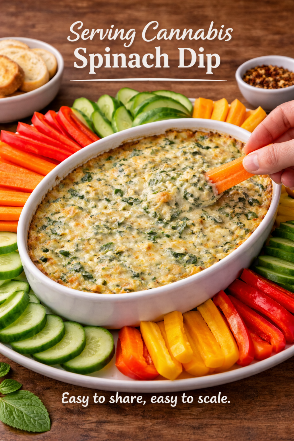 Cannabis infused spinach artichoke dip served with vegetables