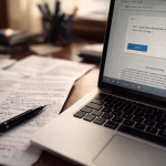 A close-up photograph of an academic desk with printed research papers covered in handwritten annotations next to an open laptop showing a clean chatbot prompt interface. The scene is lit by natural light with a shallow depth of field.