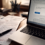 A close-up photograph of an academic desk with printed research papers covered in handwritten annotations next to an open laptop showing a clean chatbot prompt interface. The scene is lit by natural light with a shallow depth of field.