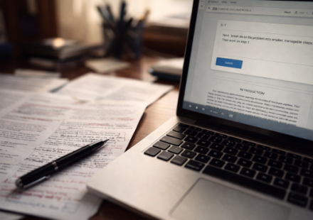 A close-up photograph of an academic desk with printed research papers covered in handwritten annotations next to an open laptop showing a clean chatbot prompt interface. The scene is lit by natural light with a shallow depth of field.