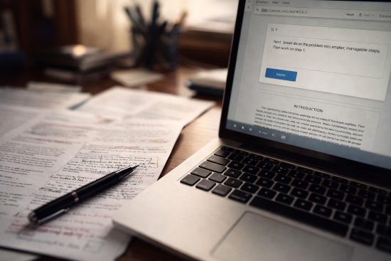 A close-up photograph of an academic desk with printed research papers covered in handwritten annotations next to an open laptop showing a clean chatbot prompt interface. The scene is lit by natural light with a shallow depth of field.