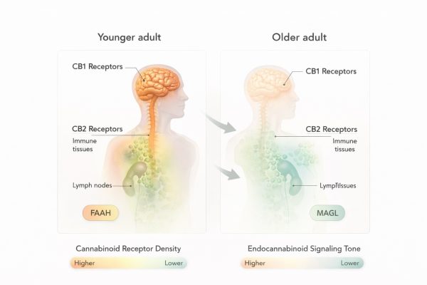 Medical infographic comparing younger and older adults showing reduced CB1 and CB2 receptor density and lower endocannabinoid signaling tone with aging, illustrating the endocannabinoid system in older adults.