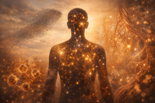 Emergent systems in biology visual showing nature patterns and human health connection