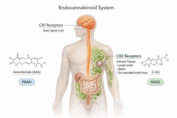 Medical diagram of the endocannabinoid system in older adults highlighting CB1 receptors in the brain and spinal cord, CB2 receptors in immune tissues, and callouts for AEA, 2-AG, FAAH, and MAGL.