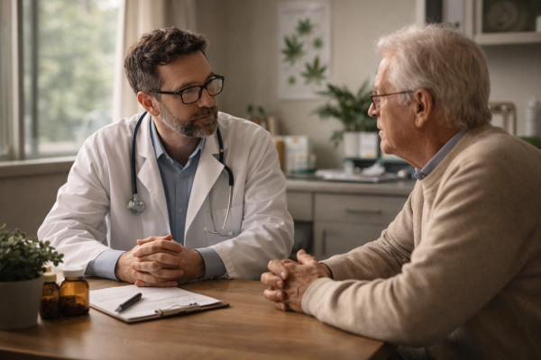 Physician and older patient seated at eye level in conversation, discussing symptoms and cannabis care in a calm clinic setting.