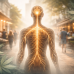 Blended image of a city street, human nervous system outline, and subtle cannabis leaves representing post Covid baseline health and care.