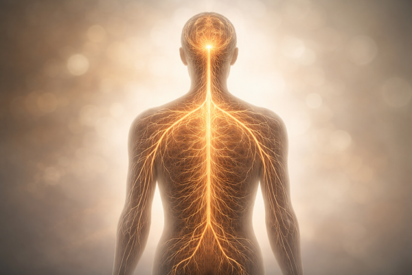 Abstract illustration of a human nervous system glowing subtly against a neutral background, symbolizing post Covid baseline stress regulation.