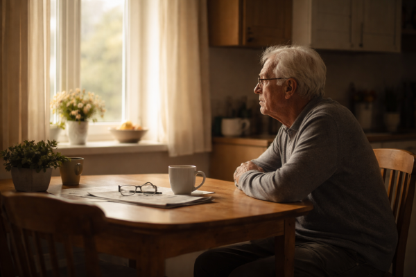 Older adult sitting alone at a kitchen table in soft morning light, representing the post Covid baseline of quiet isolation.