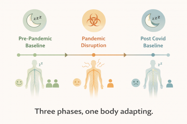 timeline graphic showing pre-pandemic baseline, pandemic disruption, and altered post Covid baseline.