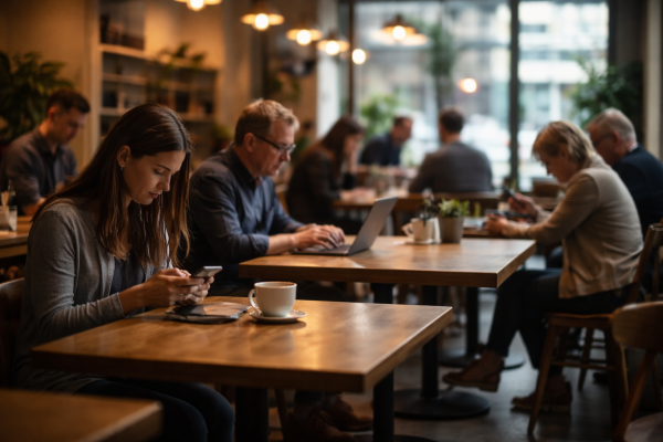 Busy café with people sitting apart, focused on phones and laptops, illustrating weak ties disappearing in the post Covid baseline.