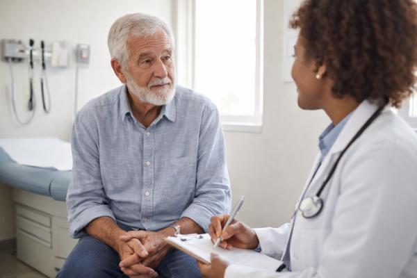Photorealistic clinical photo of an older adult speaking with a healthcare professional in a primary care exam room.