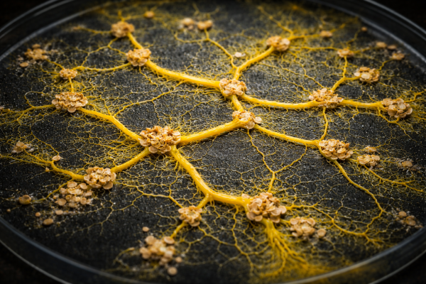 Physarum slime mold network resembling Tokyo rail system solving optimization problem