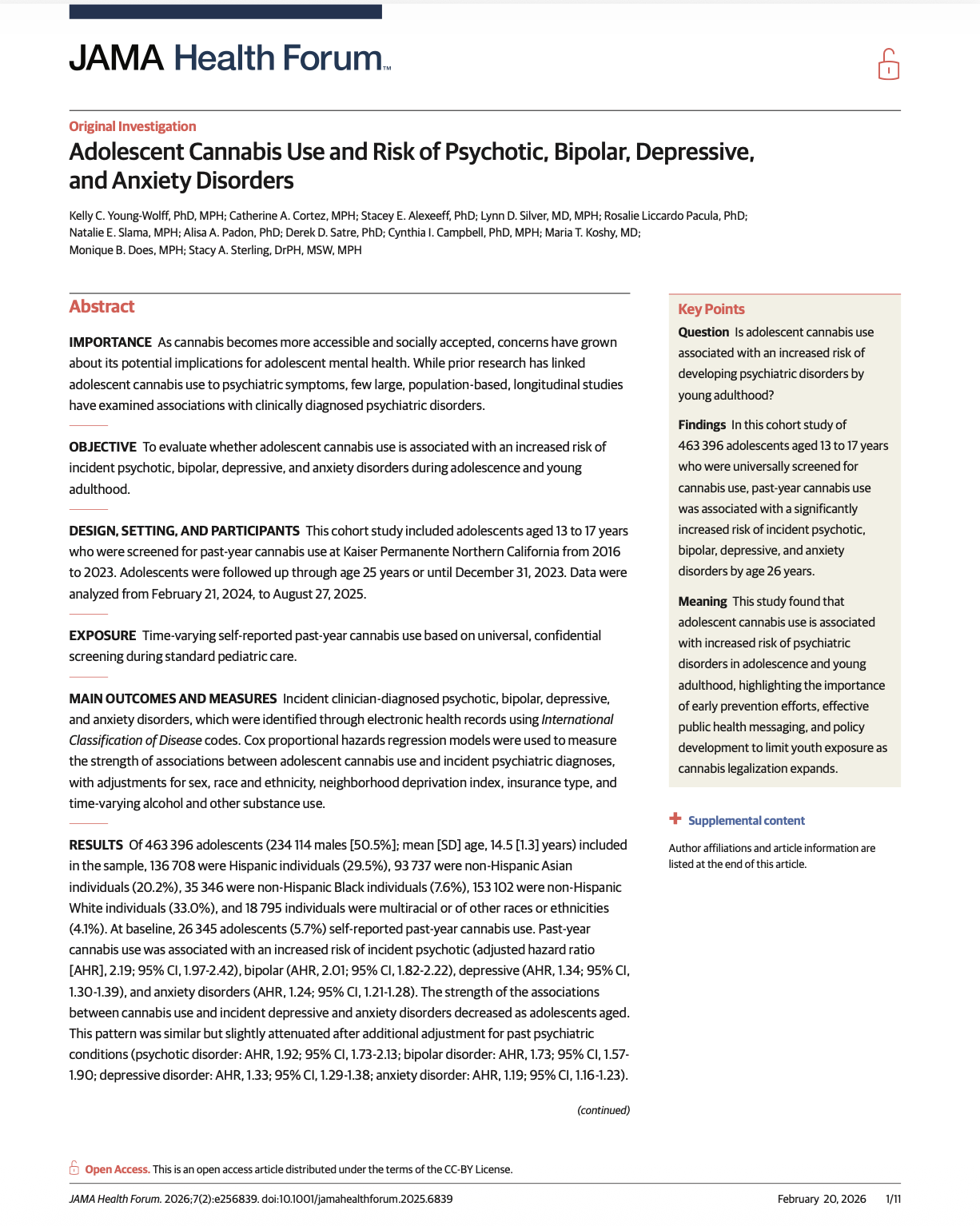 Screenshot of the JAMA Health Forum article titled Adolescent Cannabis Use and Risk of Psychotic, Bipolar, Depressive, and Anxiety Disorders