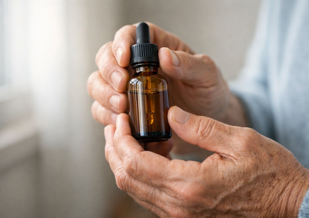 Older adult holding a cannabis tincture dropper bottle in soft light.