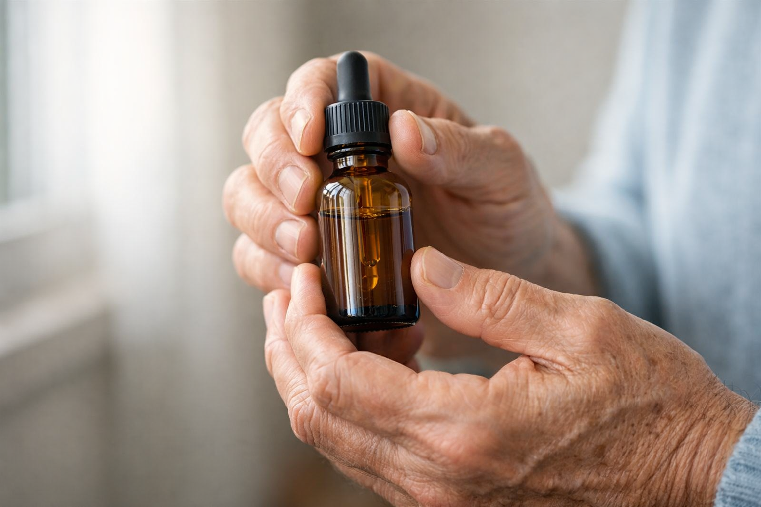 Older adult holding a cannabis tincture dropper bottle in soft light.