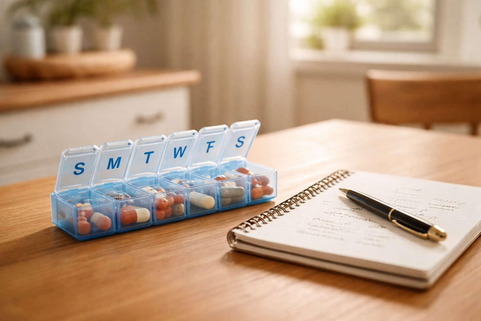Pill organizer and notes to represent medication review and polypharmacy.