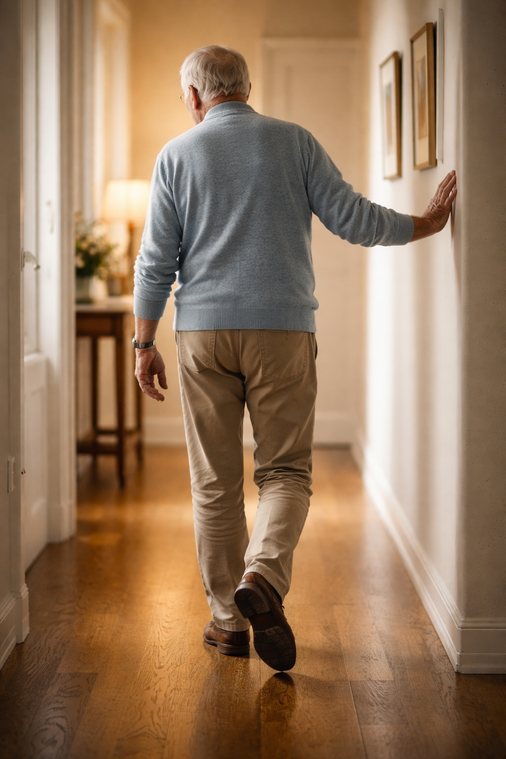 Older adult walking carefully indoors to emphasize steadiness and fall prevention.