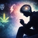 Silhouette of an adolescent holding a cannabis joint, with an illuminated abstract brain overlay suggesting mental health uncertainty and risk interpretation.