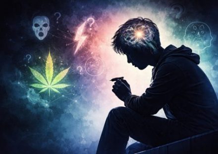 Silhouette of an adolescent holding a cannabis joint, with an illuminated abstract brain overlay suggesting mental health uncertainty and risk interpretation.