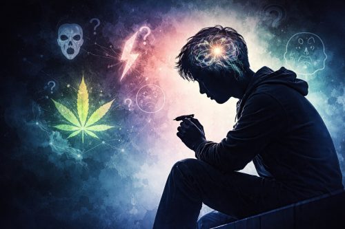 Silhouette of an adolescent holding a cannabis joint, with an illuminated abstract brain overlay suggesting mental health uncertainty and risk interpretation.