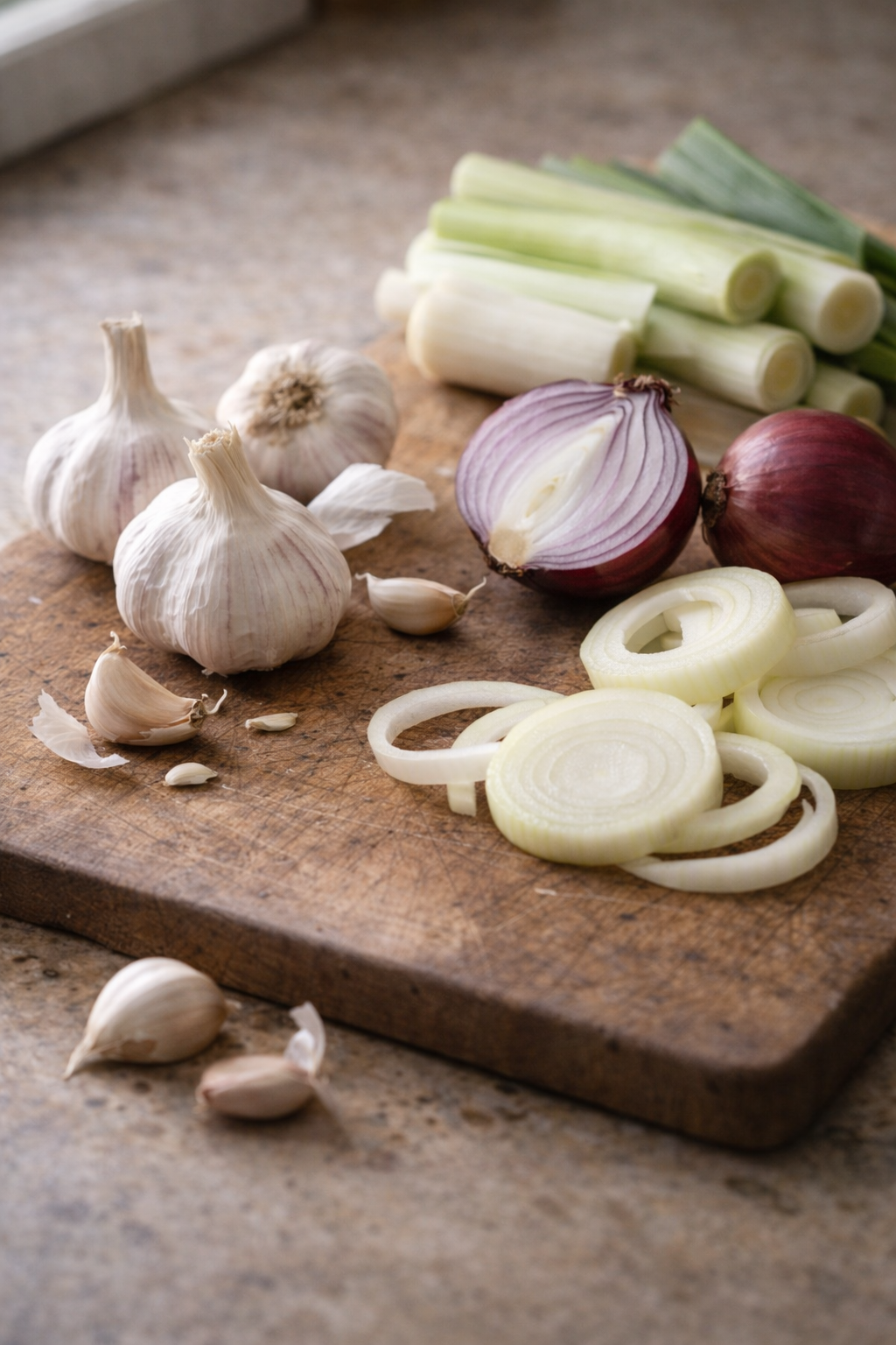 Allium vegetables including garlic, onions, and leeks on a cutting board