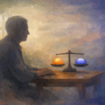 Older adult seated at a table with abstract balance scale symbolizing careful decision-making about cannabis and chronic pain in aging.