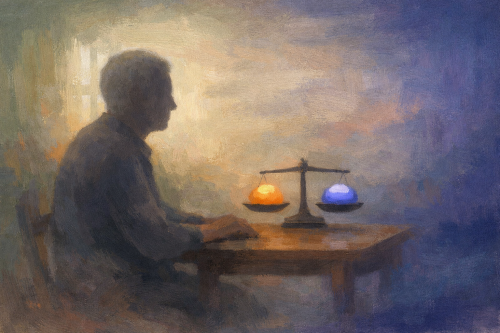 Older adult seated at a table with abstract balance scale symbolizing careful decision-making about cannabis and chronic pain in aging.