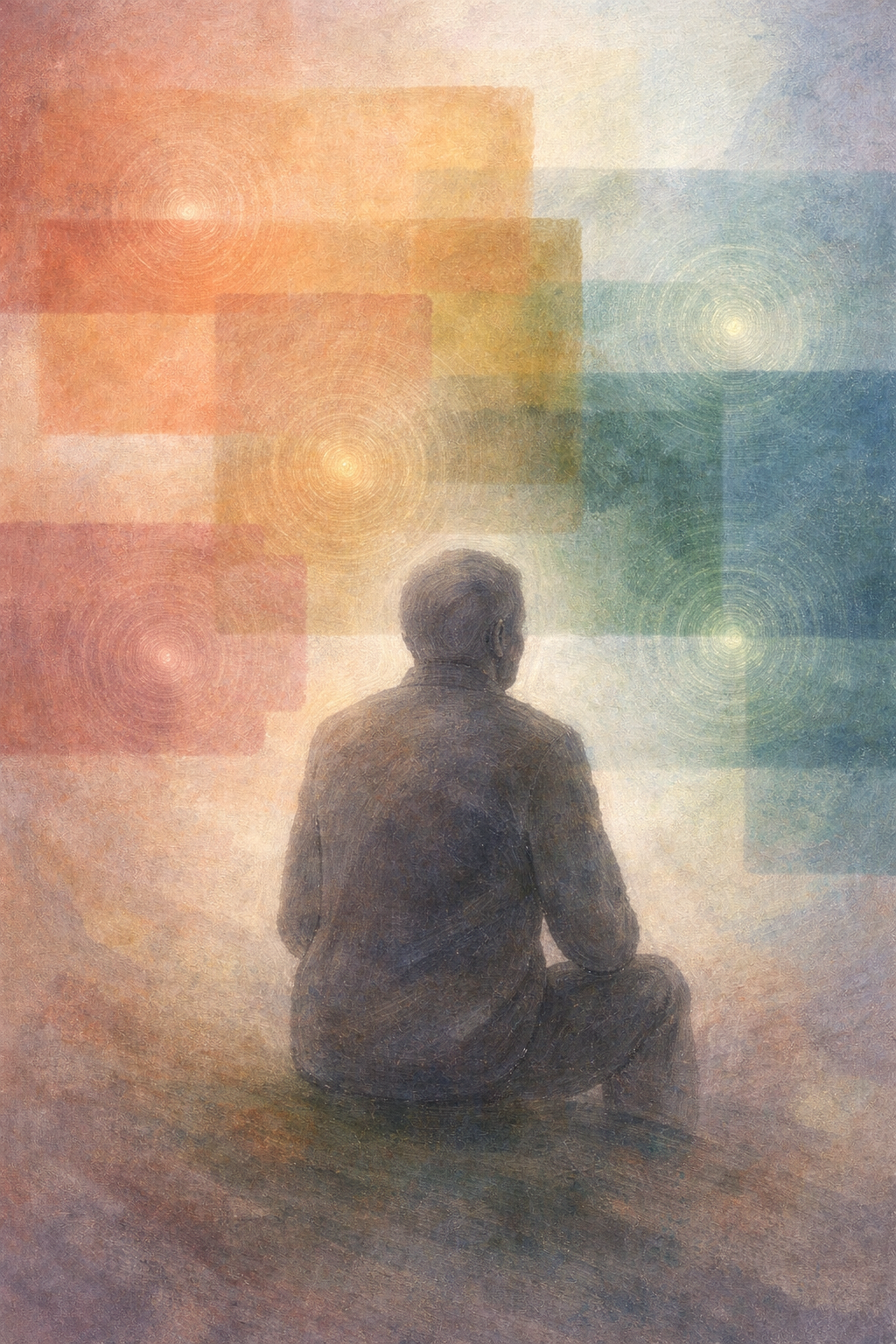 Abstract illustration of older adult beside dissolving medication blocks symbolizing potential opioid reduction with medical cannabis.