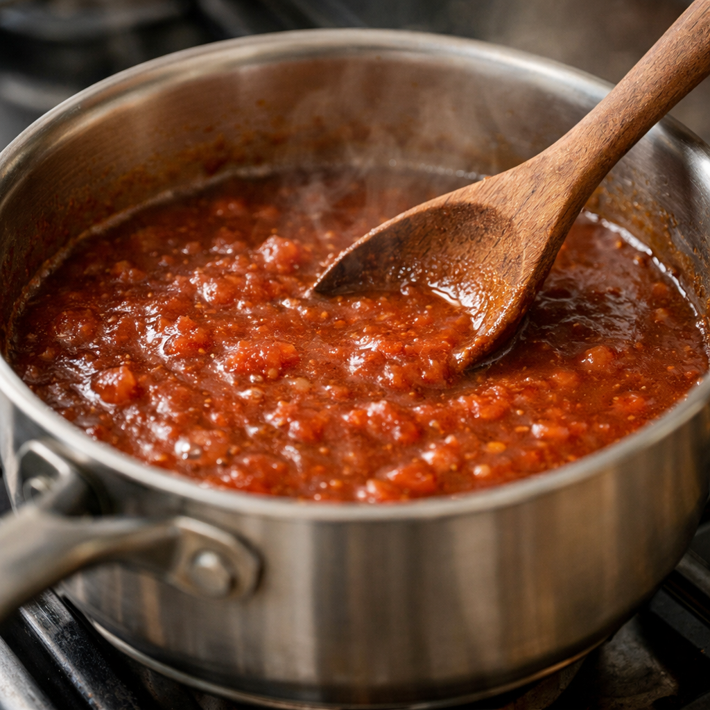 Cannabis-infused barbecue sauce simmering in a saucepan