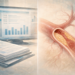 Correlation versus causation concept showing hospital ICD coding records beside a cross-sectional coronary artery illustration