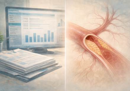 Correlation versus causation concept showing hospital ICD coding records beside a cross-sectional coronary artery illustration