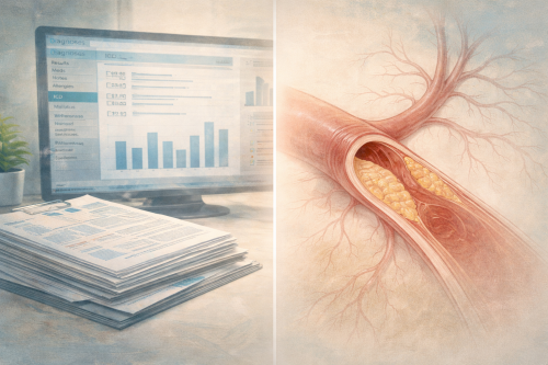 Correlation versus causation concept showing hospital ICD coding records beside a cross-sectional coronary artery illustration