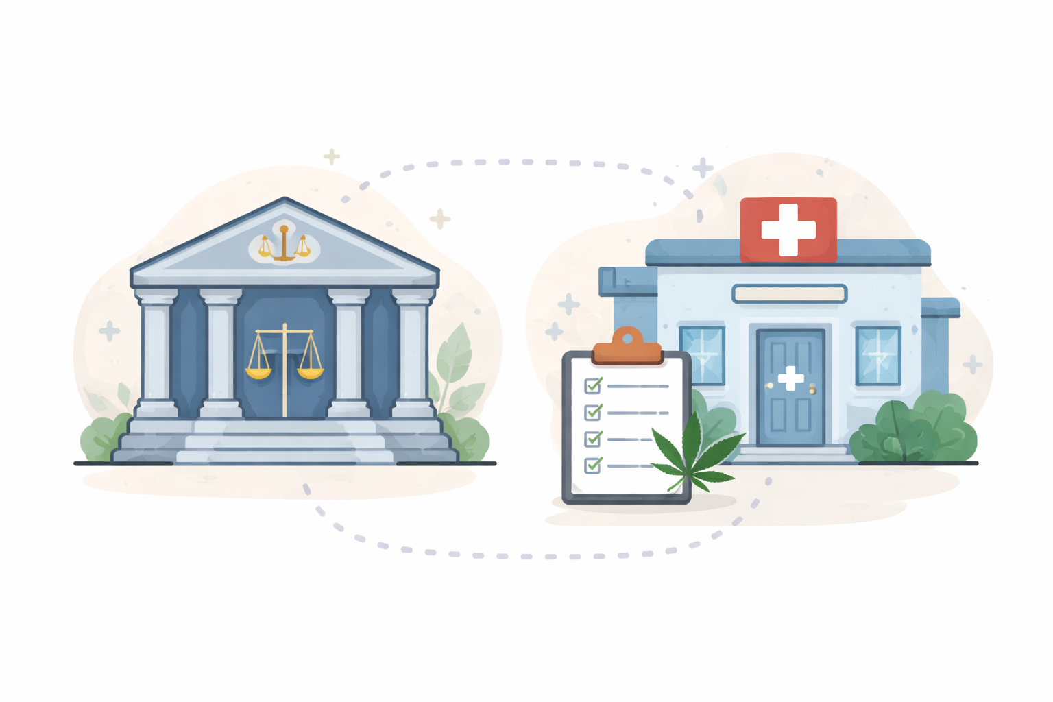 Abstract courthouse and clinic icons representing CPS notification policy context around a prenatal cannabis exposure study