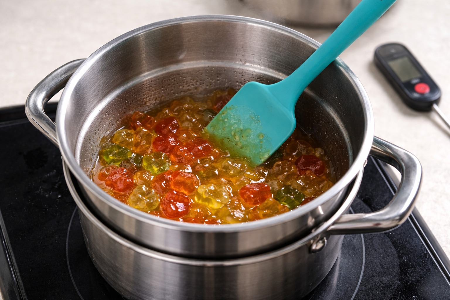 Gummies melting into a glossy syrup in a double boiler with a silicone spatula and a thermometer nearby.