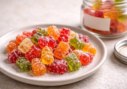 Sugar-dusted gummy bears on a ceramic plate beside a small jar with a blank label.