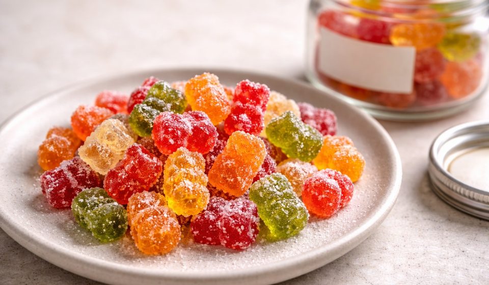 Sugar-dusted gummy bears on a ceramic plate beside a small jar with a blank label.