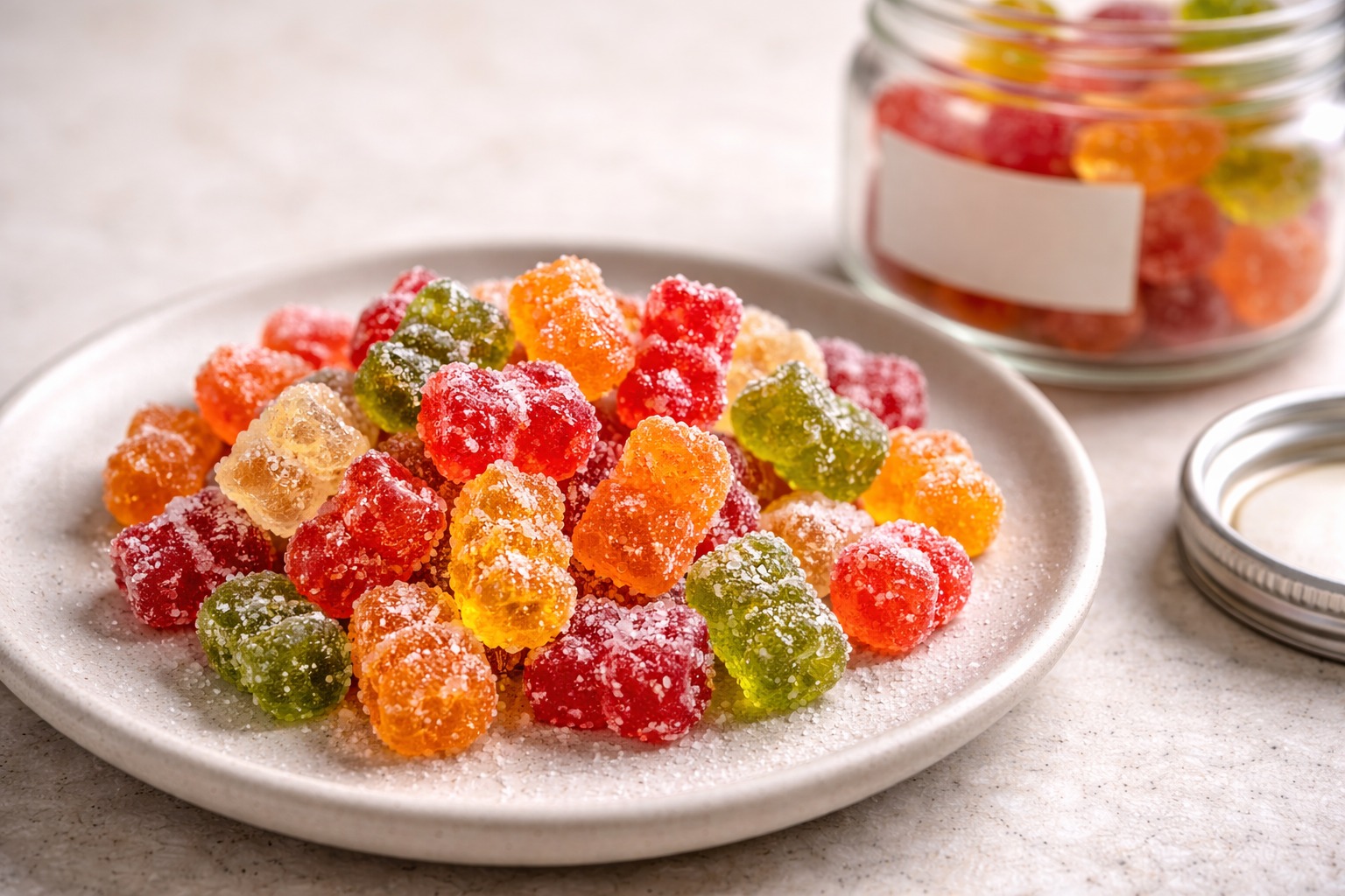 Sugar-dusted gummy bears on a ceramic plate beside a small jar with a blank label.