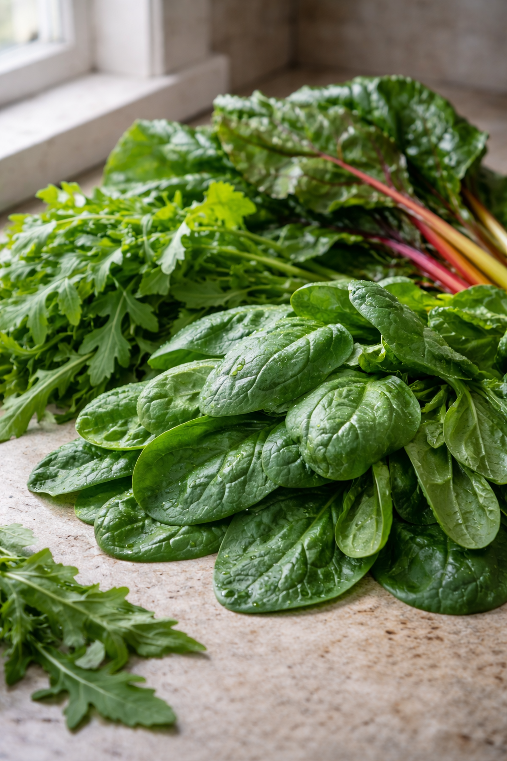 Leafy greens including spinach and arugula that support nitrate-related nitric oxide pathways