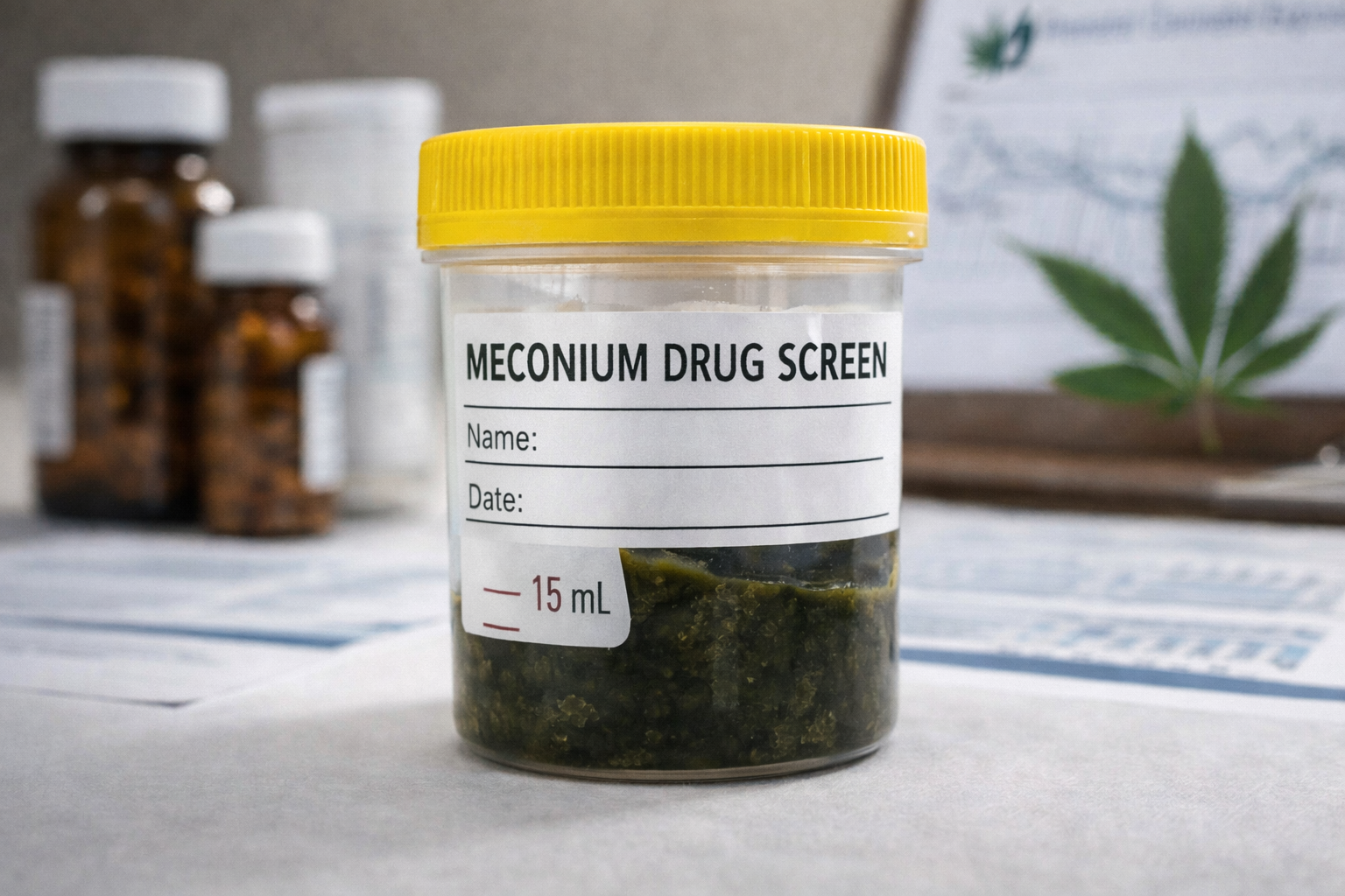 Meconium drug screen jar concept representing late pregnancy exposure measurement in a prenatal cannabis exposure study