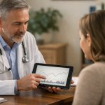 Physician reviewing daily anxiety tracking data with patient discussing medical cannabis treatment