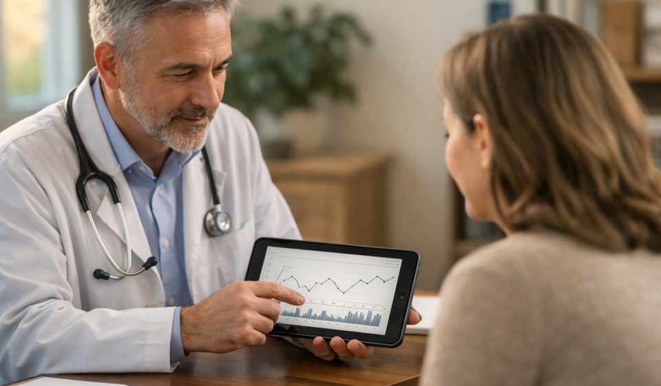 Physician reviewing daily anxiety tracking data with patient discussing medical cannabis treatment