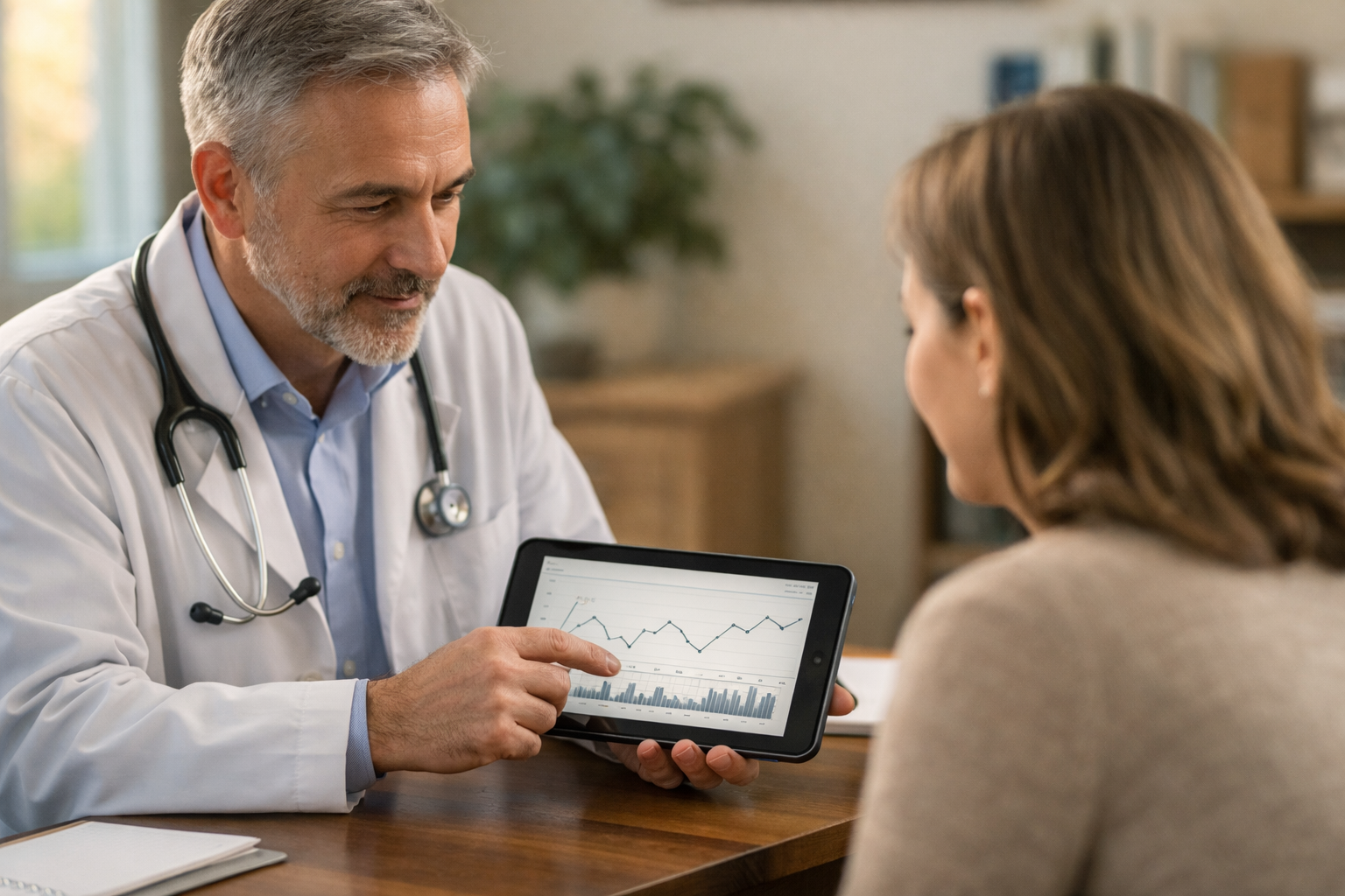 Physician reviewing daily anxiety tracking data with patient discussing medical cannabis treatment