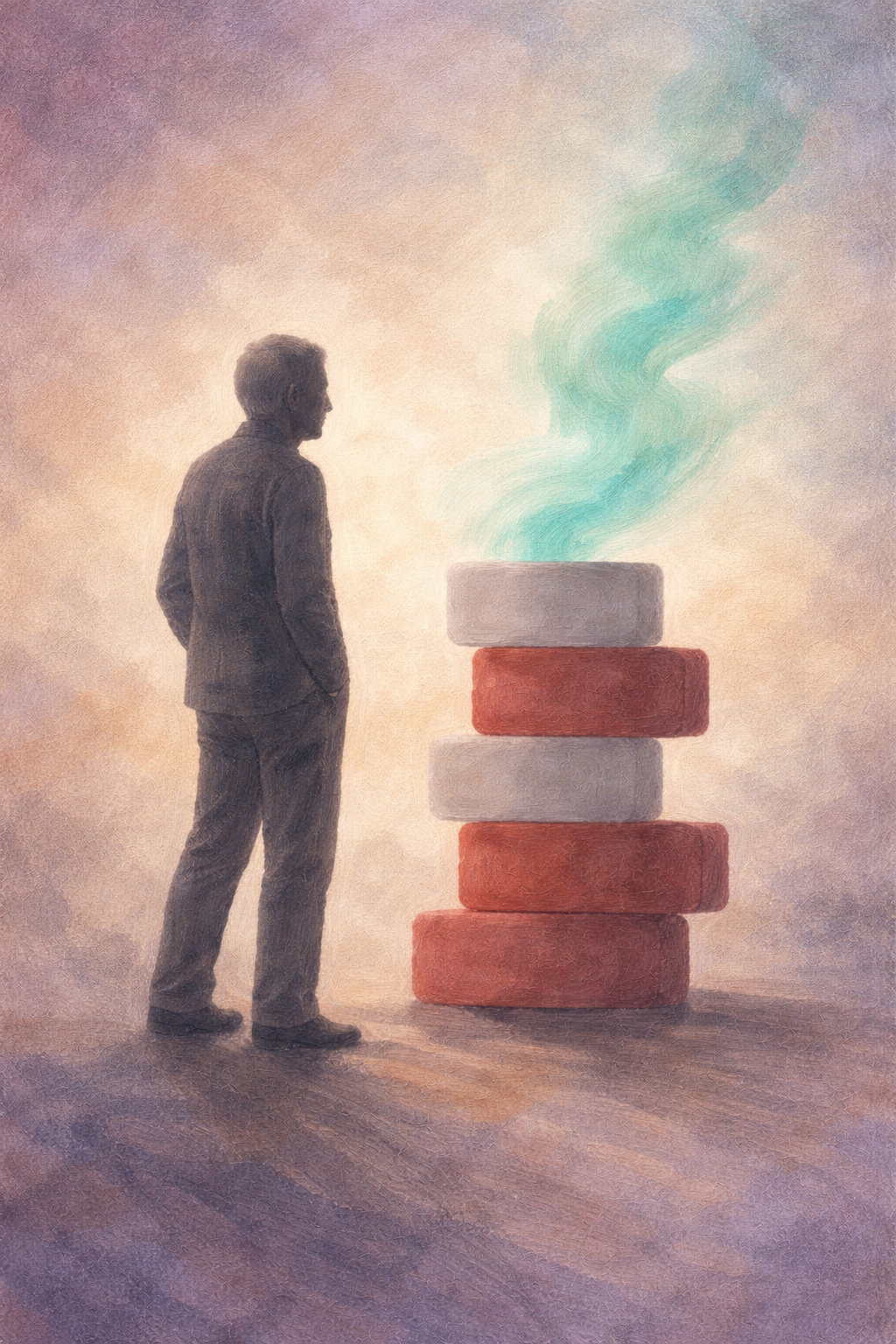 Abstract illustration of older adult beside dissolving medication blocks symbolizing potential medication burden reduction with medical cannabis.