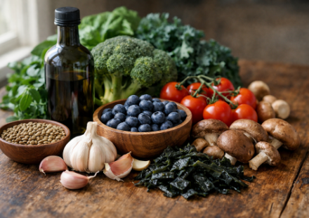 Whole foods that act as biological signals including olive oil, vegetables, berries, and legumes