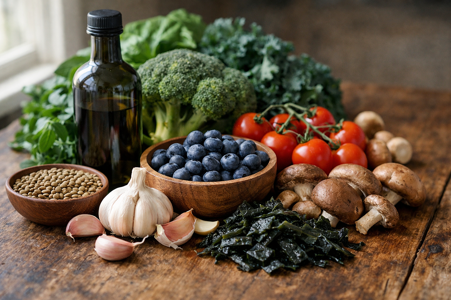 Whole foods that act as biological signals including olive oil, vegetables, berries, and legumes