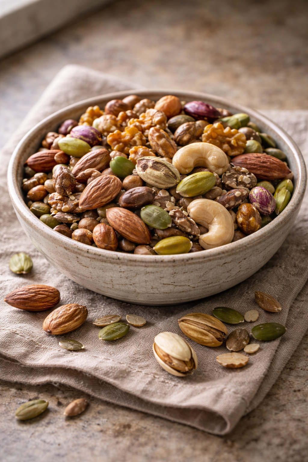 Mixed nuts and seeds including pistachios for mineral intake and metabolic support