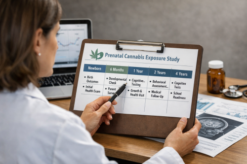 Prenatal cannabis exposure study concept with infant timeline and medical chart review